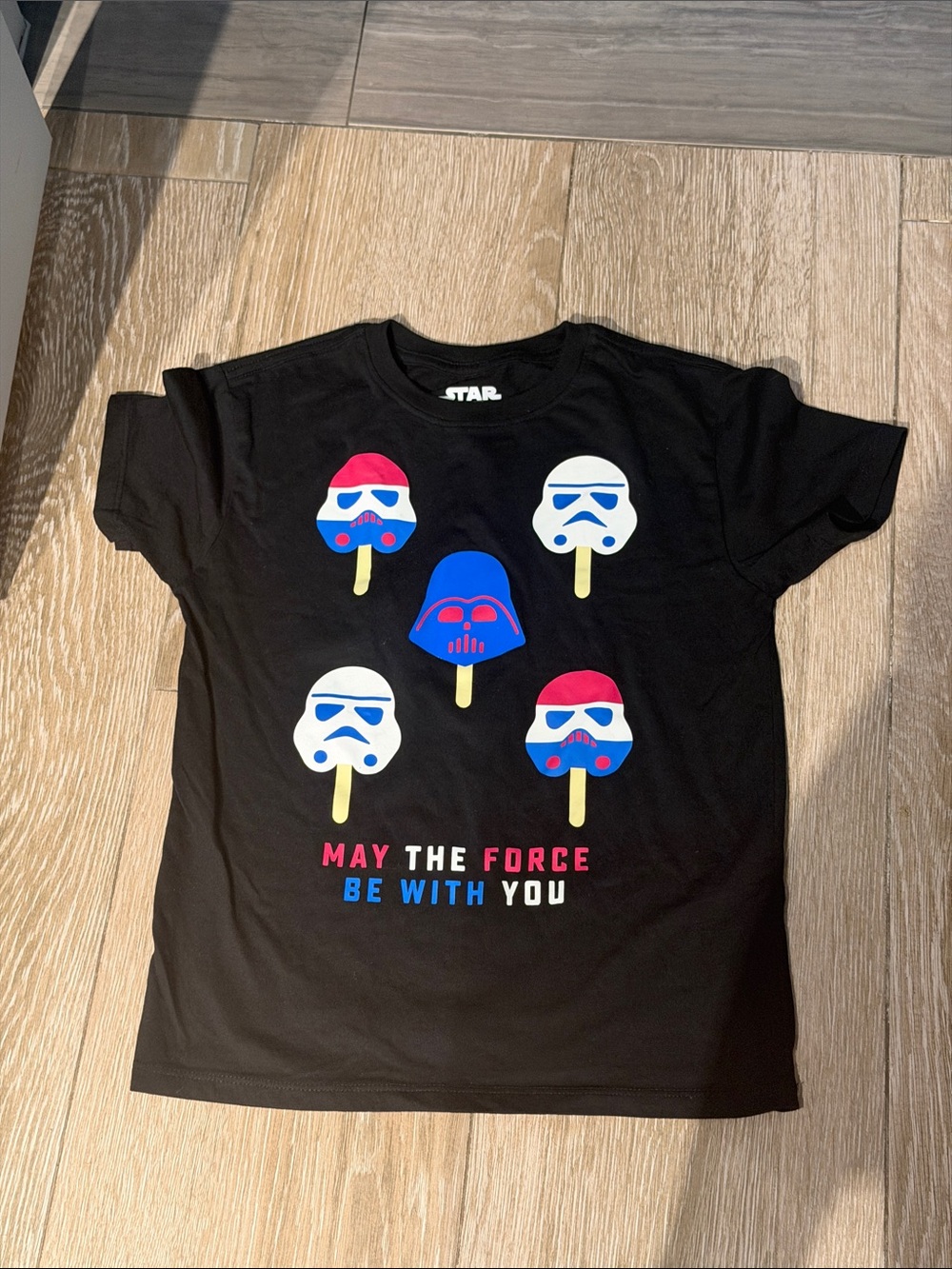 Star Wars Black Tee with Red Blue Yellow Popsicle Helmets (LR)